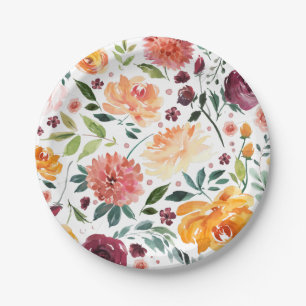 Watercolor Autumn Blooms Fall Botanical Pattern Paper Plates