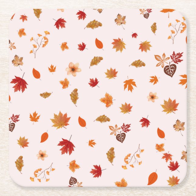 Watercolor Autumn Blooms Fall Botanical Pattern Square Paper Coaster (Front)