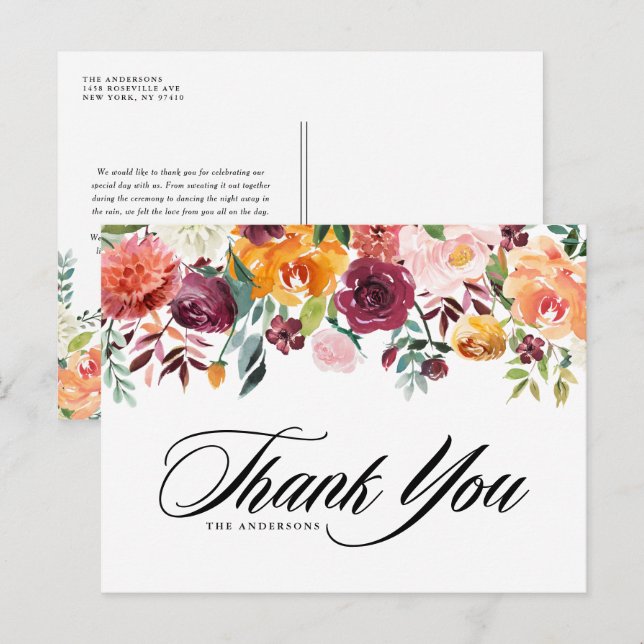 Watercolor Autumn Blooms Fall Wedding Thank You Postcard (Front/Back)