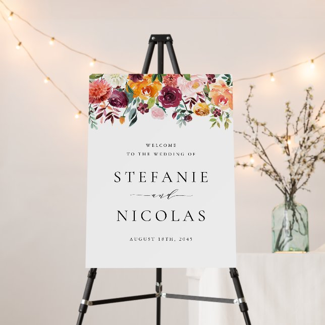 Watercolor Autumn Blooms Fall Wedding Welcome Foam Board (In Situ (Stand))