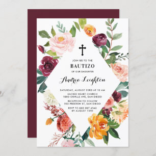 Watercolor Autumn Blooms Floral Frame Bautizo Invitation