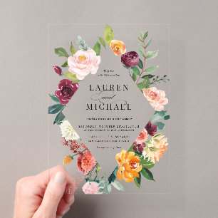 Watercolor Autumn Blooms Floral Frame Wedding Acrylic Invitations