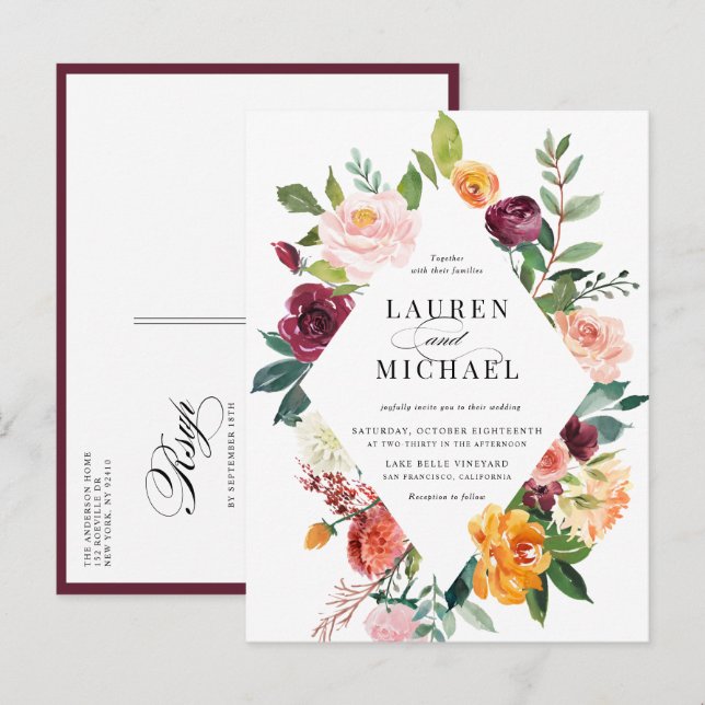 Watercolor Autumn Blooms Floral Frame Wedding Invitation Postcard (Front/Back)