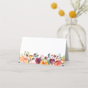 Watercolor Autumn Blooms Floral Garland Wedding Place Card