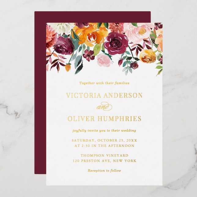 Watercolor Autumn Blooms Floral Wedding Foil Invitation (Front/Back)