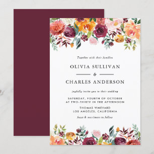 Watercolor Autumn Blooms Floral Wedding Invitation