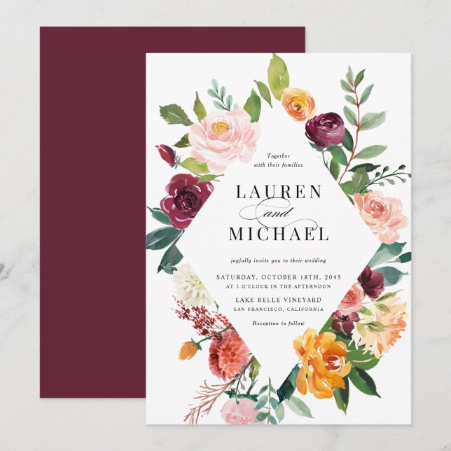 Watercolor Autumn Blooms Floral Wedding Invitation (Front/Back)