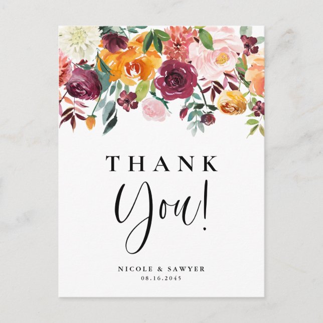 Watercolor Autumn Blooms Floral Wedding Thank You Postcard (Front)