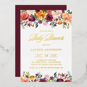 Watercolor Autumn Blooms Garland Baby Brunch Foil Invitation