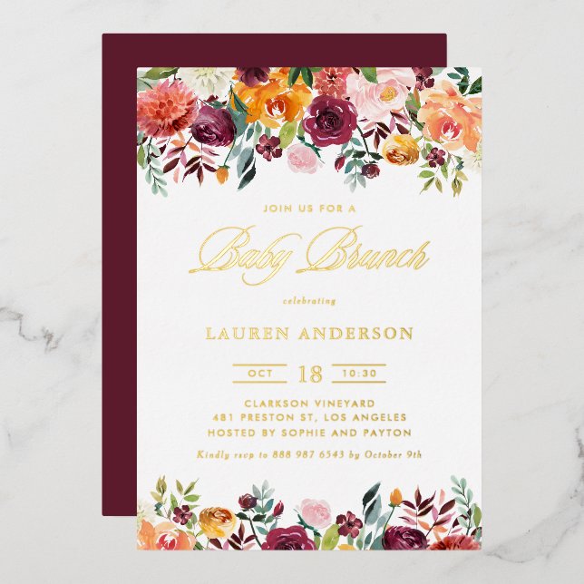 Watercolor Autumn Blooms Garland Baby Brunch Foil Invitation (Front/Back)