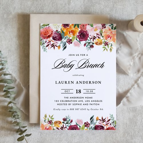 Watercolor Autumn Blooms Garland Baby Brunch Invitation