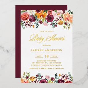 Watercolor Autumn Blooms Garland Baby Shower Foil Invitation