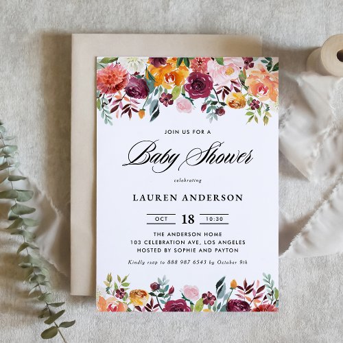 Watercolor Autumn Blooms Garland Baby Shower Invitation