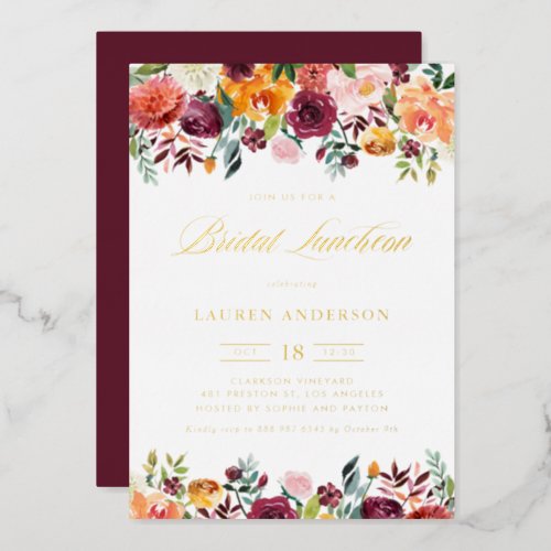 Watercolor Autumn Blooms Garland Bridal Luncheon Foil Invitation