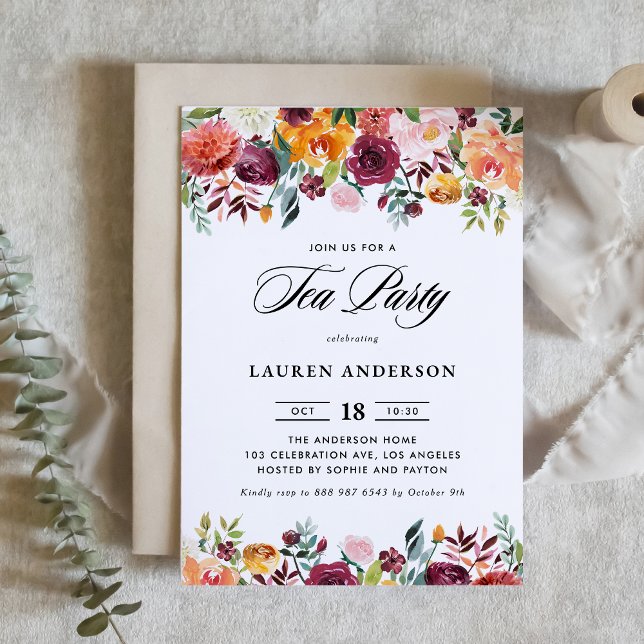 Watercolor Autumn Blooms Garland Bridal Tea Party Invitation (Creator Uploaded)