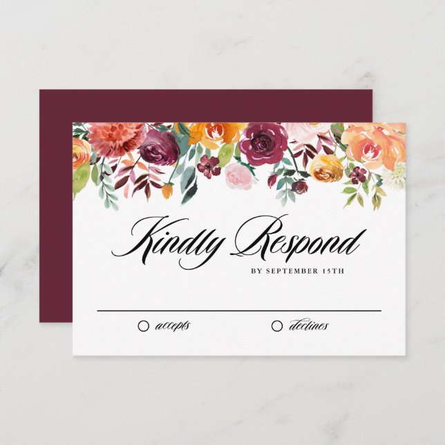 Watercolor Autumn Blooms Garland Fall Wedding RSVP Card (Front/Back)
