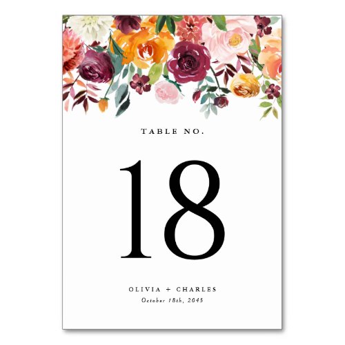 Watercolor Autumn Blooms Garland Fall Wedding Table Number