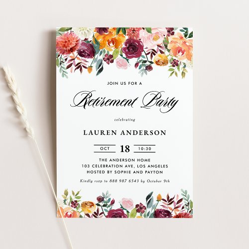 Watercolor Autumn Blooms Garland Retirement Party Invitation