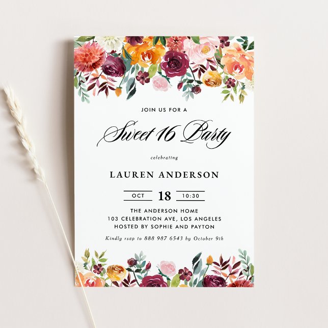 Watercolor Autumn Blooms Garland Sweet Sixteen Invitation (Creator Uploaded)