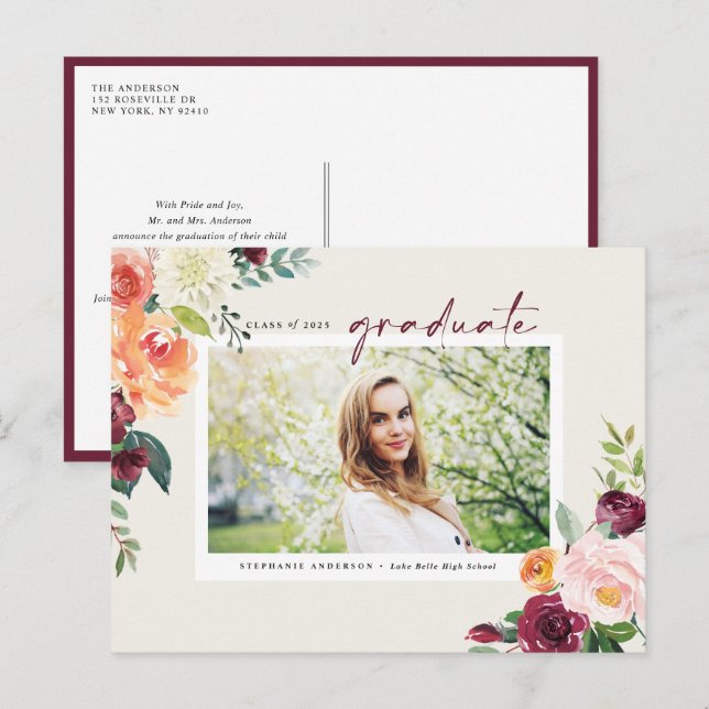 Watercolor Autumn Blooms Photo Graduation Announcement Postcard (Front/Back)