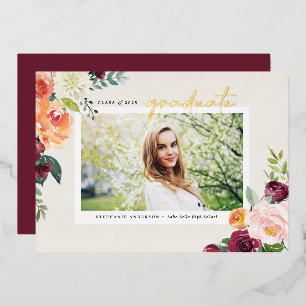 Watercolor Autumn Blooms Photo Graduation Foil Invitation