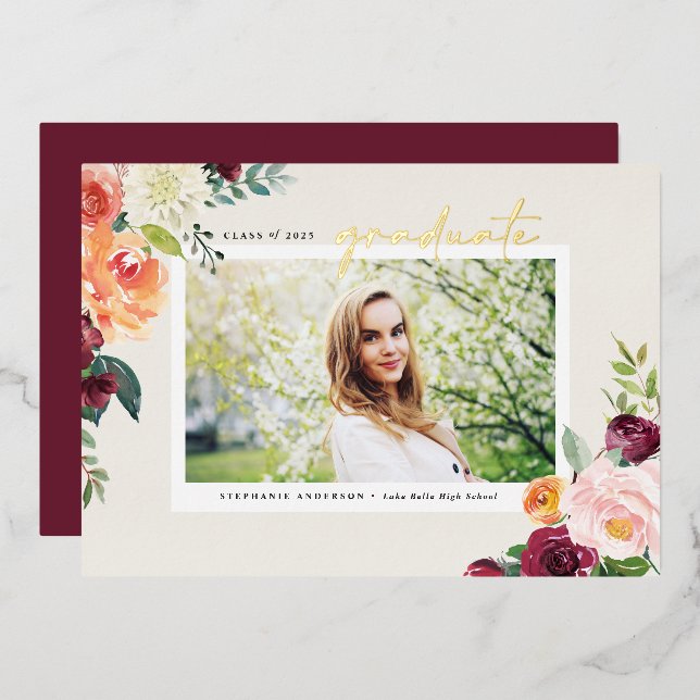 Watercolor Autumn Blooms Photo Graduation Foil Invitation (Front/Back)