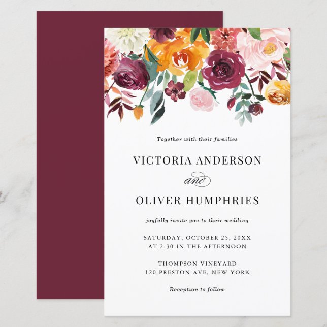Watercolor Autumn Blooms Wedding Invitation (Front/Back)