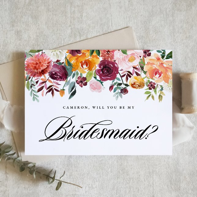 Watercolor Autumn Blooms Will You Be My Bridesmaid Card (Creator Uploaded)