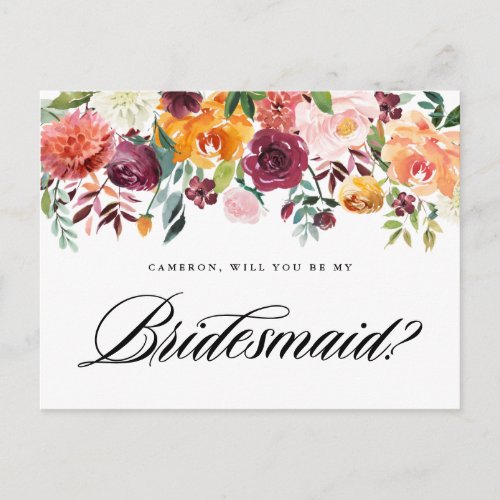 Watercolor Autumn Blooms Will You Be My Bridesmaid Invitation Postcard