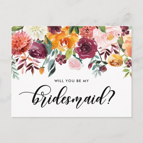 Watercolor Autumn Blooms Will You Be My Bridesmaid Invitation Postcard