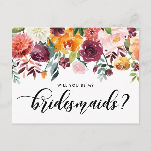 Watercolor Autumn Blooms Will You Be My Bridesmaid Invitation Postcard