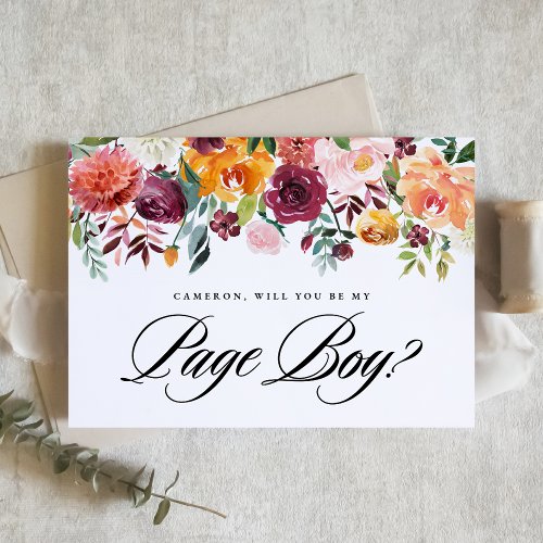 Watercolor Autumn Blooms Will You Be My Page Boy Card