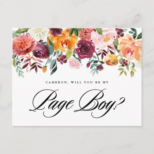 Watercolor Autumn Blooms Will You Be My Page Boy Invitation Postcard