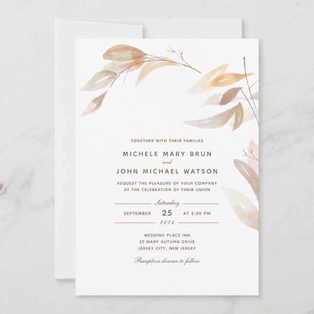 Watercolor Autumn Branch Simple Wedding Invitation (Front)