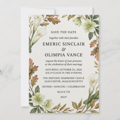 Watercolor Autumn Calla Lily & Oak Leaf Save Invitation