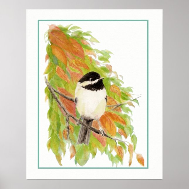 Watercolor Autumn Chickadee Bird Fall Leaves Poster (Front)