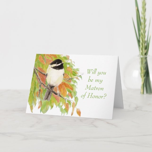 Watercolor Autumn Chickadee Matron of Honor Invitation (Front)