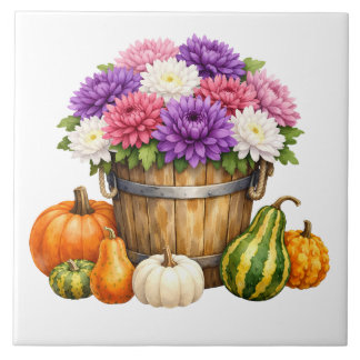 Watercolor Autumn Chrysanthemum, Pumpkins, Gourds Ceramic Tile