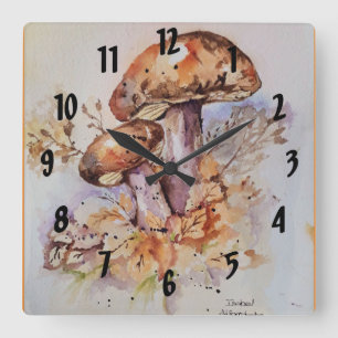 Watercolor autumn colors mushrooms square wall clock