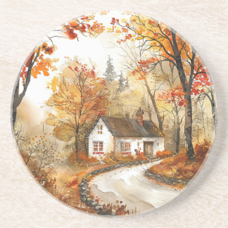 Watercolor Autumn Cottage Sandstone Coaster