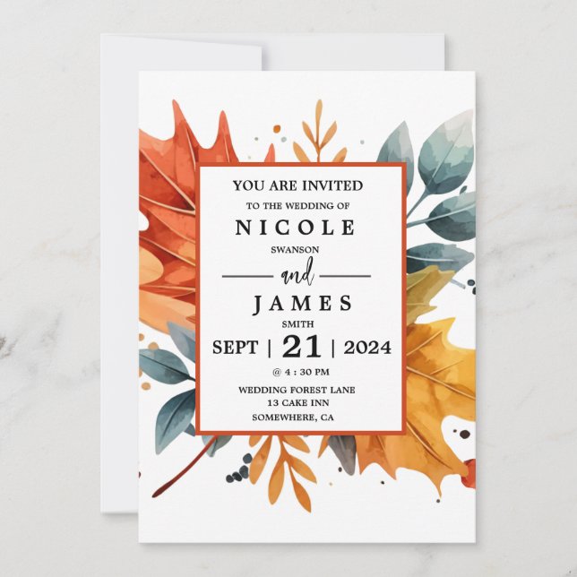 Watercolor Autumn Fall Color Leaves Invitation (Front)
