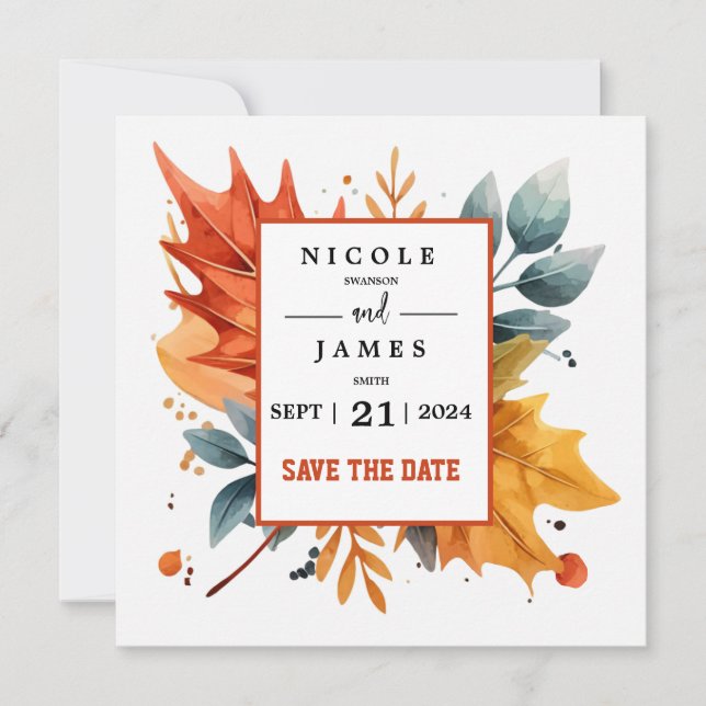 Watercolor Autumn Fall Color Leaves Save The Date (Front)