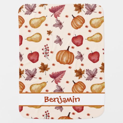 Watercolor Autumn fall leaf pumpkin pear apple Baby Blanket