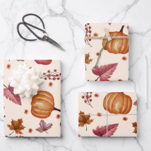 Watercolor Autumn fall leaf, pumpkin, pear, apple Wrapping Paper Sheets