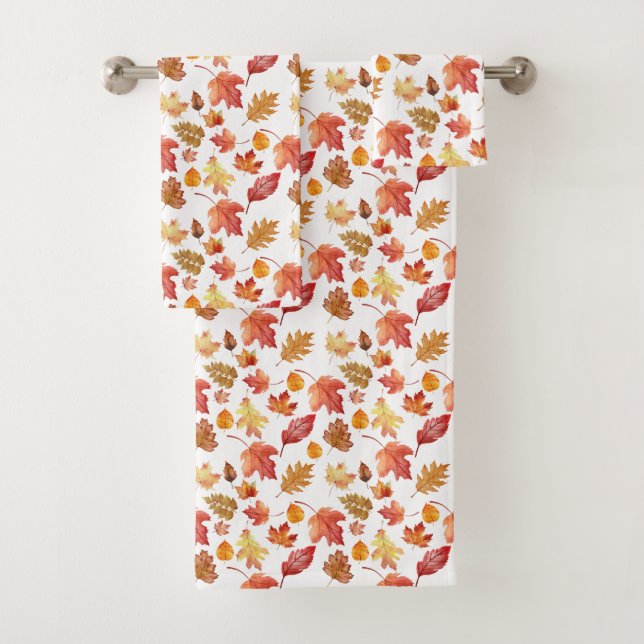 Watercolor Autumn Fall Leaves Seamless Pattern Bath Towel Set (Insitu)