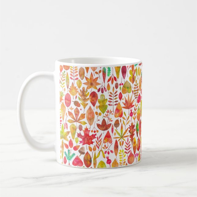 Watercolor autumn fall leaves seamless pattern coffee mug (Left)