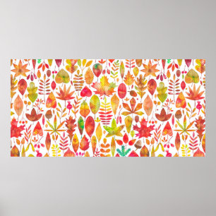 Watercolor autumn fall leaves seamless pattern poster