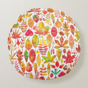 Watercolor autumn fall leaves seamless pattern round pillow