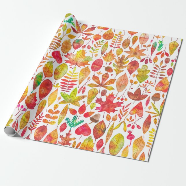 Watercolor autumn fall leaves seamless pattern wrapping paper (Unrolled)