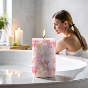 Watercolor Autumn Fall Pink White Floral Pattern  Pillar Candle
